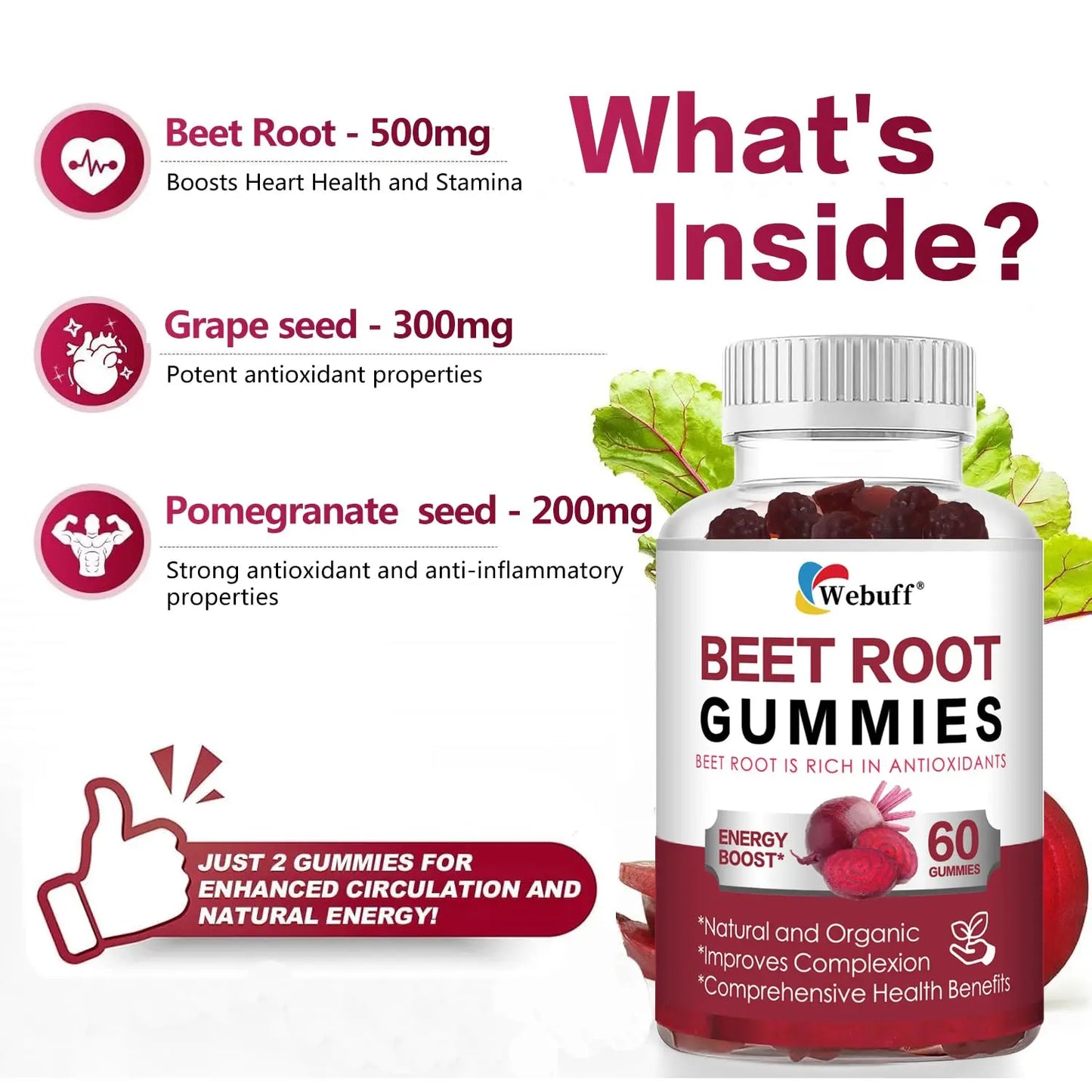 Webuff Beet Root Gummies - Nitric Oxide Booster with Organic Beet, Pomegranate & Grape Seed, Vitamin B12 - Energy, Circulation & Heart Health Support, Vegan, Non-GMO, 60 Count (Pack of 1) Webuff buy supplements Au