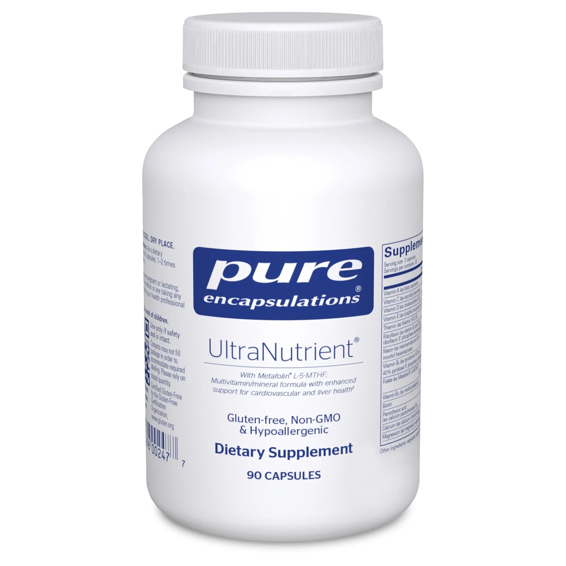 White supplement bottle labeled 'pure encapsulations UltraNutrient' on a white background