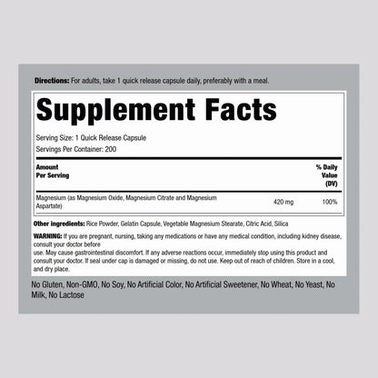 Piping Rock Triple Magnesium Complex | 420 mg | 200 Capsules | Magnesium Oxide, Citrate, and Aspartate Supplement | Non-GMO, Gluten Free Piping Rock buy supplements Au