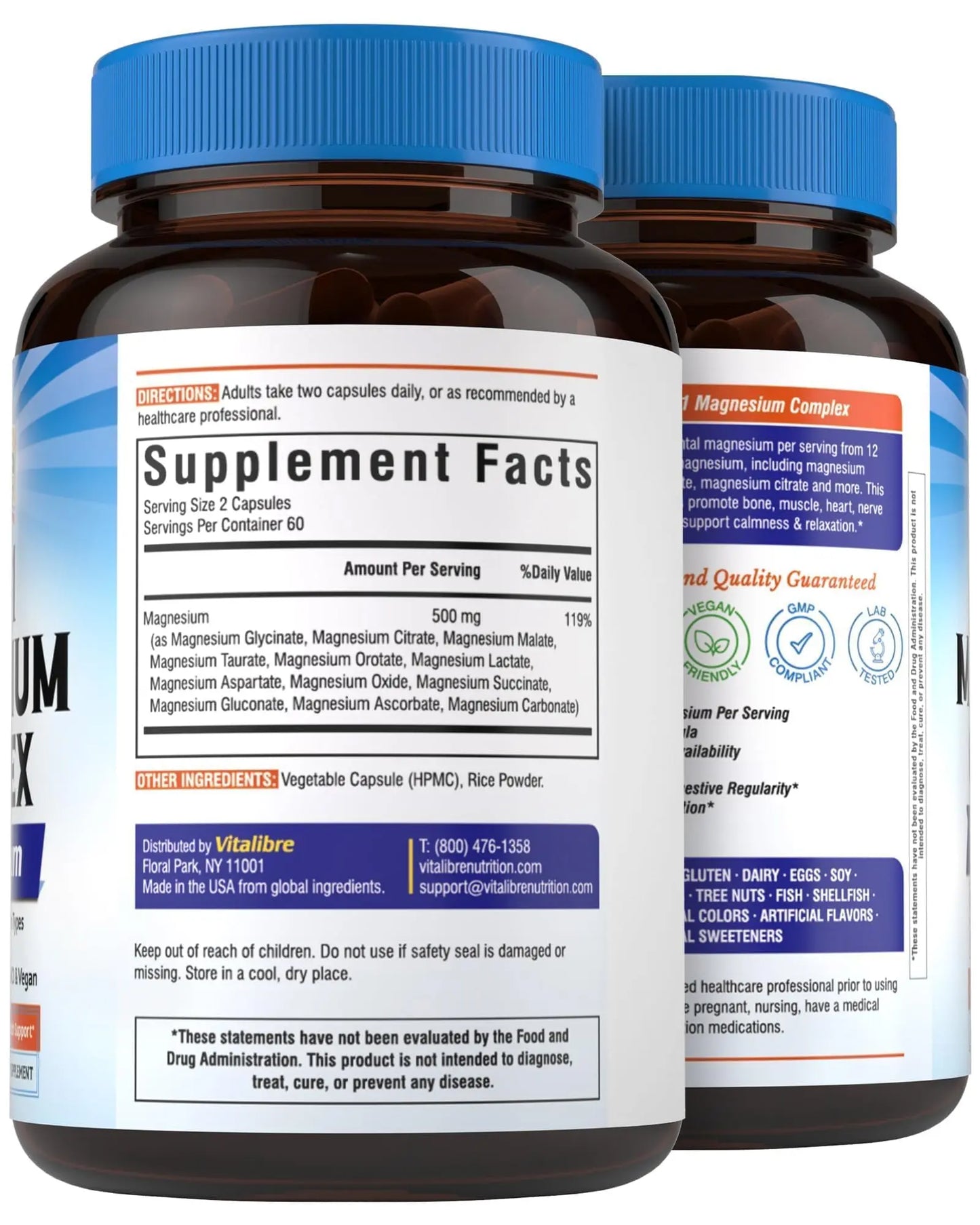 Vitalibre 12 in 1 Magnesium Complex Supplement 500mg | Max Absorption Chelated Magnesium Glycinate Citrate Malate & More for Bone, Nerve & Digestive Support | Non-GMO Vegan Capsules (120 Count) Vitalibre buy supplements Au