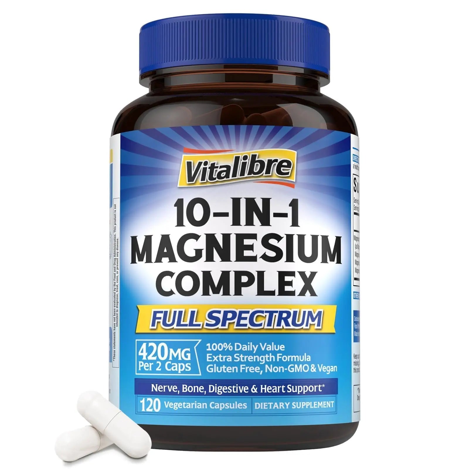 Vitalibre 10-IN-1 Magnesium Complex supplement bottle with blue label on a white background