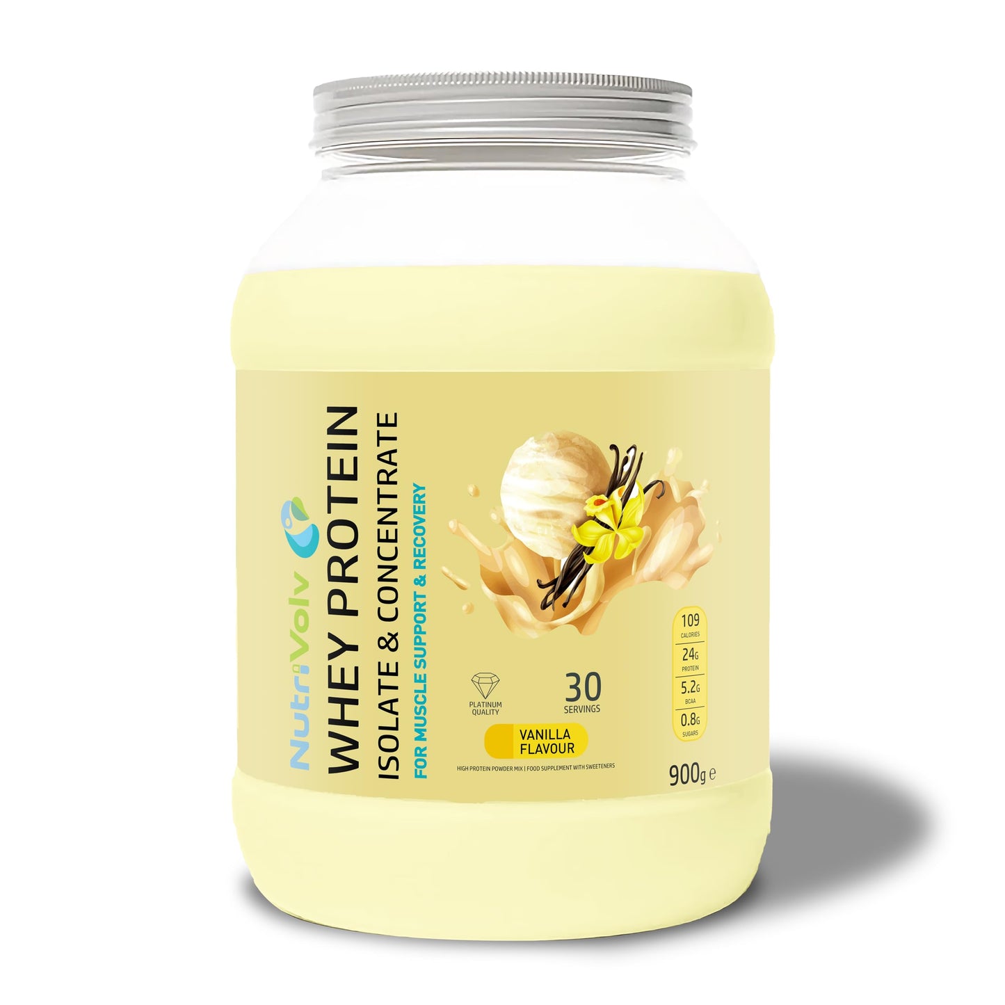 NutriVolv Whey Protein Isolate & Concentrate Powder | Vanilla Flavour 900g | 30 Servings NutriVolv