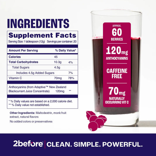 2before Blackcurrant I All Natural Vegan Pre Workout, Caffeine Free I Clean Energy 2before