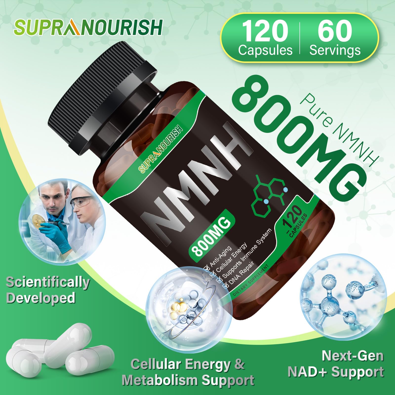 SUPRANOURISH Pure NMNH Supplement 120 Capsules - 800mg High-Purity NMNH Supplements, NAD Supplement for Boost NAD+ for Anti-Aging & Cellular Energy SUPRANOURISHBuy Supplements Australia