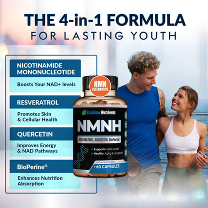 NMNH Supplement (NMN Alternative) NAD Booster for Anti-Aging, Cellular Energy & Nice Skin- Dihydronicotinamide mononucleotide, Resveratrol, Quercetin & BioPerine® for Max Absorption- 60 caps Rainbow Nutrients, LLCBuy Supplements Australia