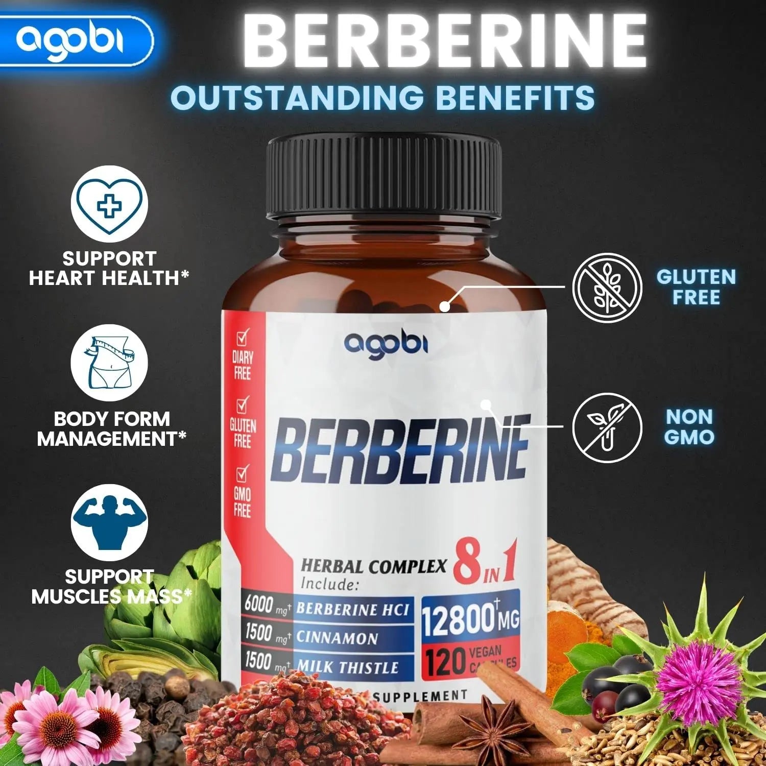 120 Capsules - Berberine Supplement 12800mg with Ceylon, Milk Thistle, Turmeric agobi