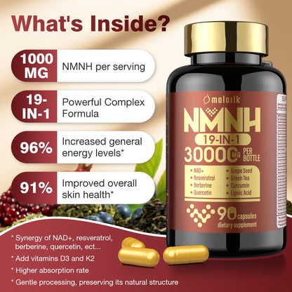 19 in 1 NMNH (Dihydronicotinamide Mononucleotide) 1000mg Per Serving, Nad Supplement Boost NAD+ Levels Nad Resveratrol Supplement with Quercetin, Vitamin D3 K2, Healthy Aging, Energy, 90 Capsules molorik pureBuy Supplements Australia
