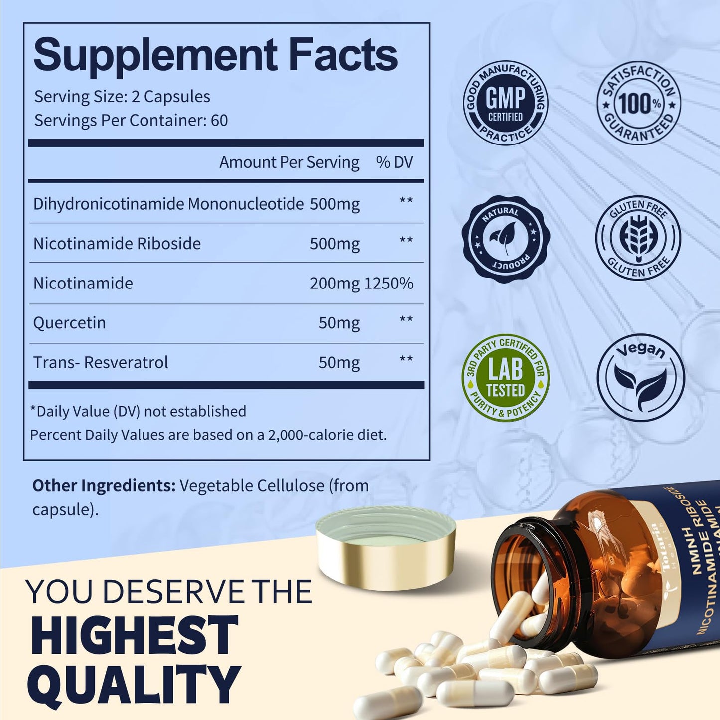 Totaria NMNH 500mg (Dihydronicotinamide Mononucleotide), Premium NMN Alternative Supplement w/Niacinamide (Vitamin B3), Quercetin, Trans-Resveratrol, for NAD+, Skin Cell, Anti-Aging & Energy, 120 Ct TotariaBuy Supplements Australia