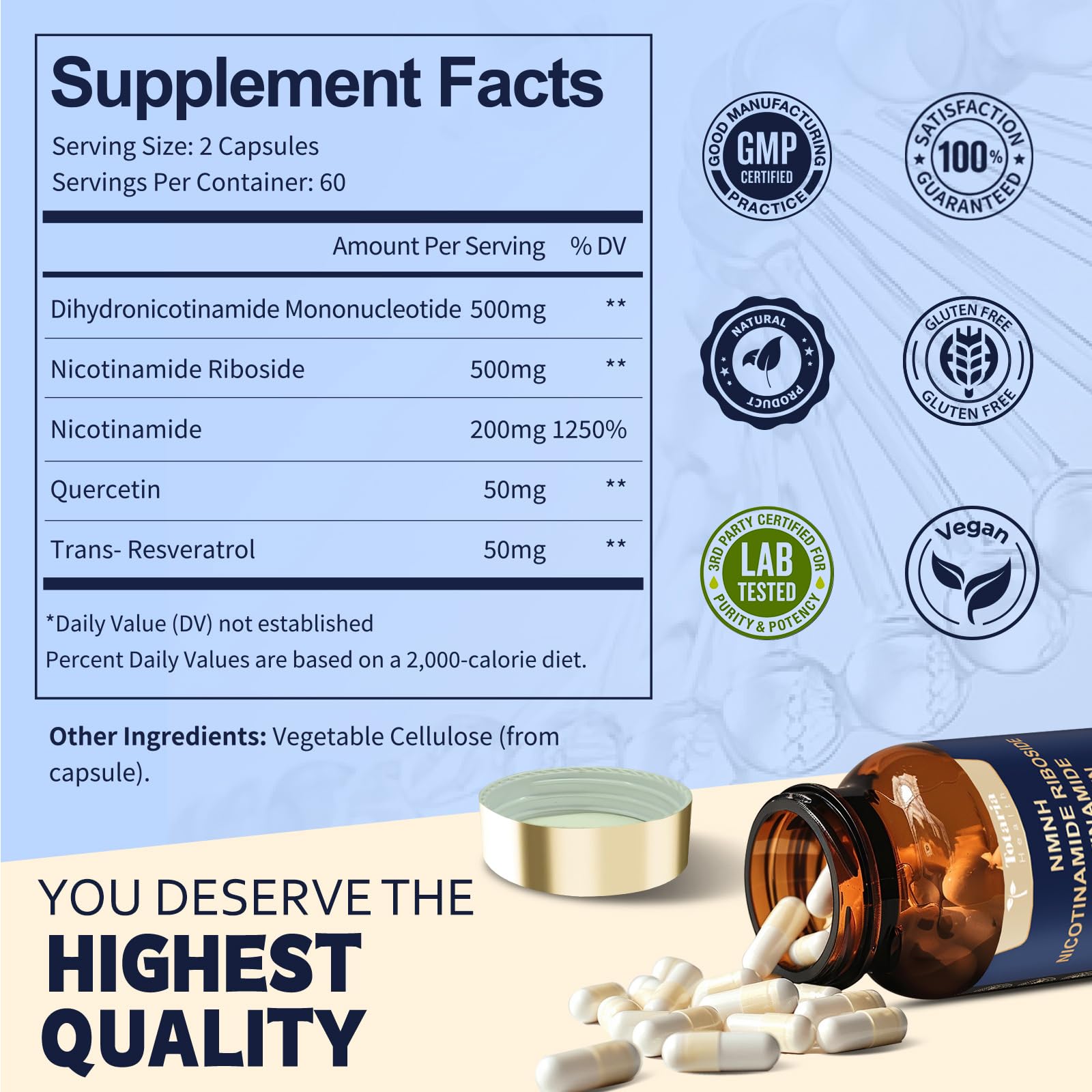 Totaria NMNH 500mg (Dihydronicotinamide Mononucleotide), Premium NMN Alternative Supplement w/Niacinamide (Vitamin B3), Quercetin, Trans-Resveratrol, for NAD+, Skin Cell, Anti-Aging & Energy, 120 Ct TotariaBuy Supplements Australia
