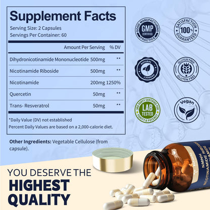 Totaria NMNH 500mg (Dihydronicotinamide Mononucleotide), Premium NMN Alternative Supplement w/Niacinamide (Vitamin B3), Quercetin, Trans-Resveratrol, for NAD+, Skin Cell, Anti-Aging & Energy, 120 Ct TotariaBuy Supplements Australia