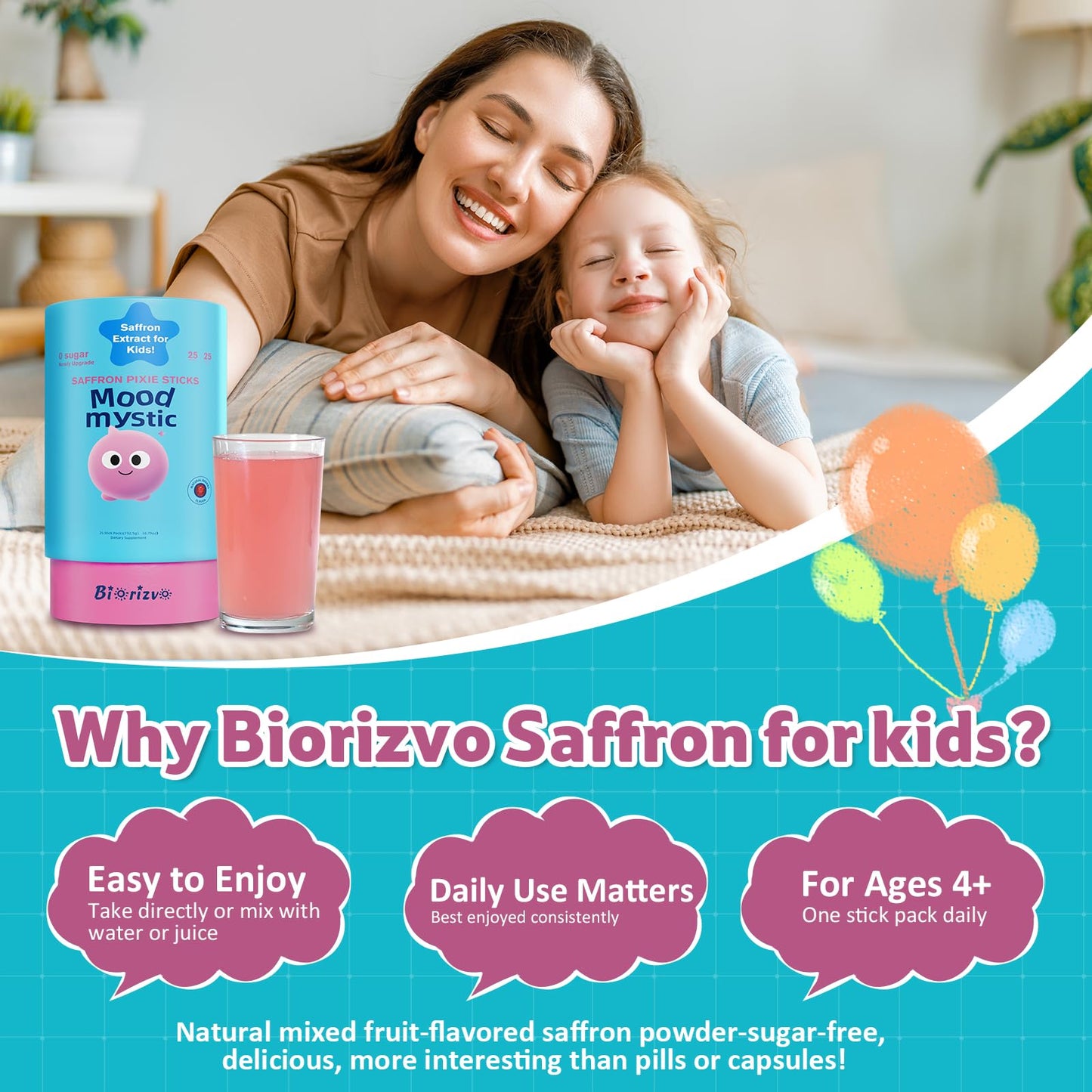 Biorizvo Saffron Drink for Kids - Saffron Exact Drink Mix with GABA, Magnesium & Vitamin D3 - Supports Mood Focus & Sleep, Calms Temper Tantrums, Fruit Punch Drink Sticks Mix for Kids 4+, Sugar-Free Biorizvo buy supplements Au