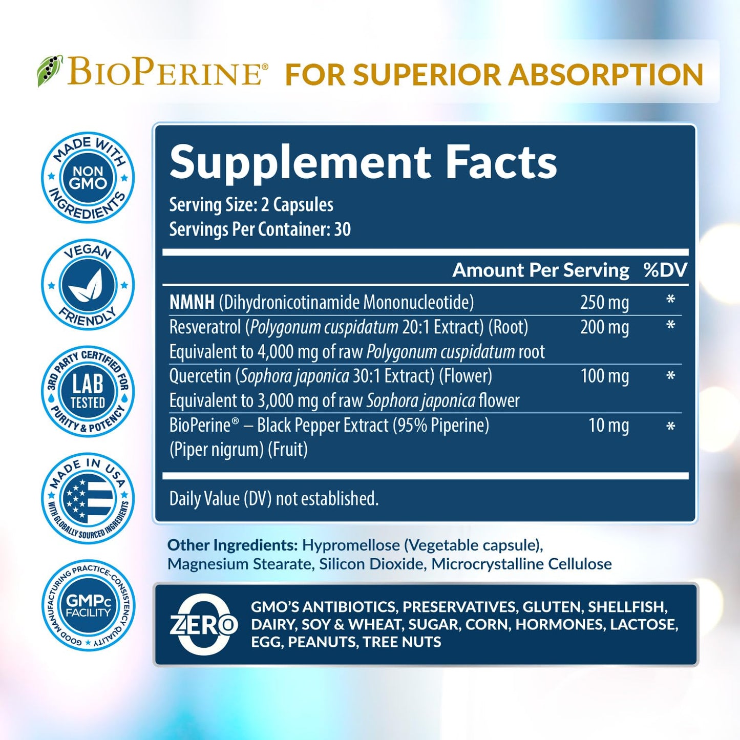 NMNH Supplement (NMN Alternative) NAD Booster for Anti-Aging, Cellular Energy & Nice Skin- Dihydronicotinamide mononucleotide, Resveratrol, Quercetin & BioPerine® for Max Absorption- 60 caps Rainbow Nutrients, LLCBuy Supplements Australia
