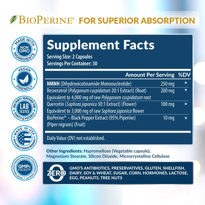 NMNH Supplement (NMN Alternative) NAD Booster for Anti-Aging, Cellular Energy & Nice Skin- Dihydronicotinamide mononucleotide, Resveratrol, Quercetin & BioPerine® for Max Absorption- 60 caps Rainbow Nutrients, LLCBuy Supplements Australia