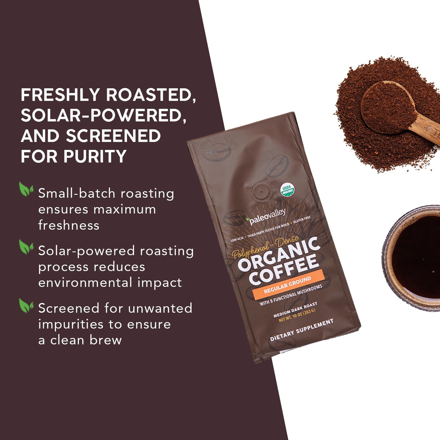 Paleovalley Organic Ground Coffee, 10oz - Regular, Low Acid, Single-Origin, Polyphenol-Rich, Infused with Mushrooms PaleovalleyBuy Supplements Australia