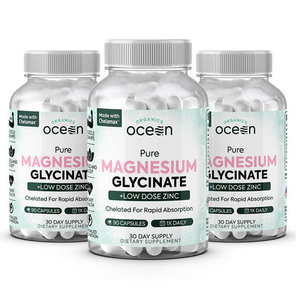 Organics Ocean Pure Magnesium Glycinate with Zinc - Maximum Strength Chelated Magnesium Supplement for Women and Men for Muscle Cramps and Sleep Support - 3 Bottles Organics OceanBuy Supplements Australia