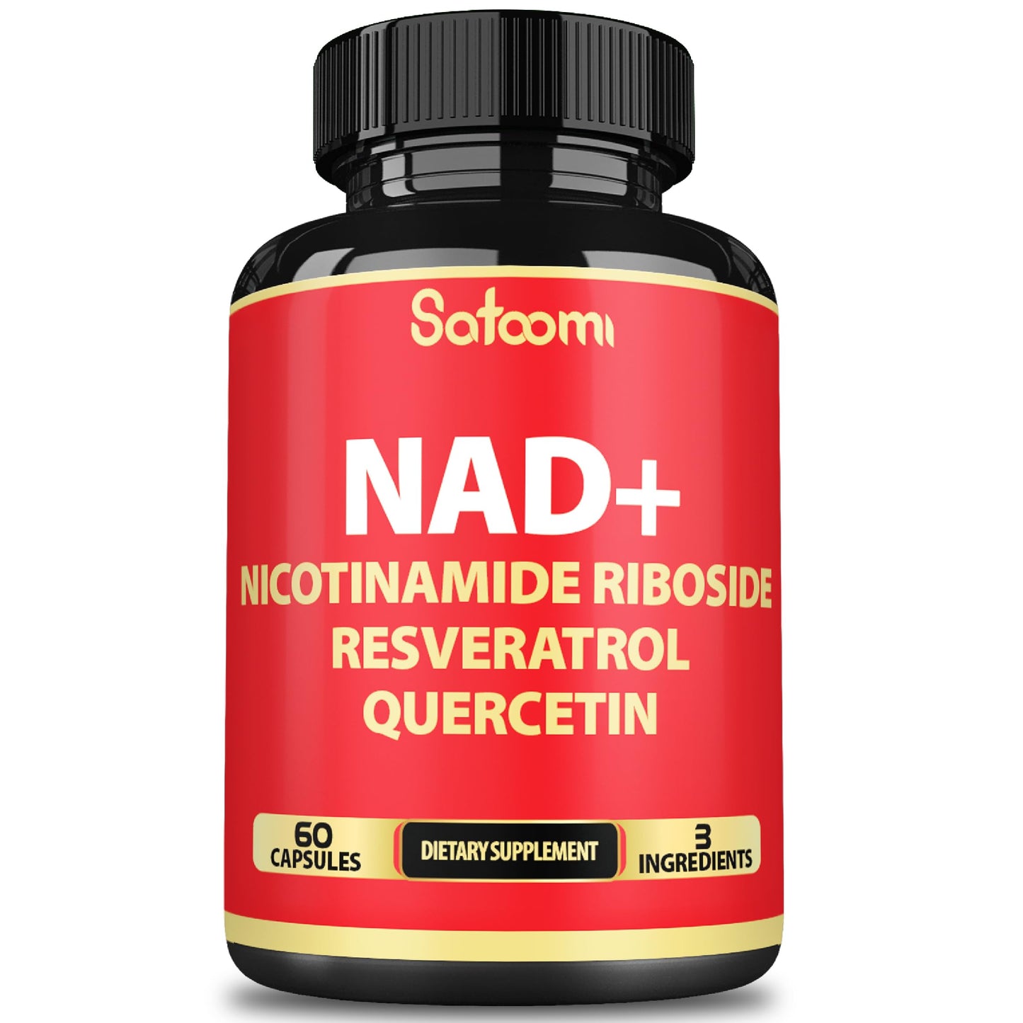 Supplement bottle with red label featuring ingredients on a white background