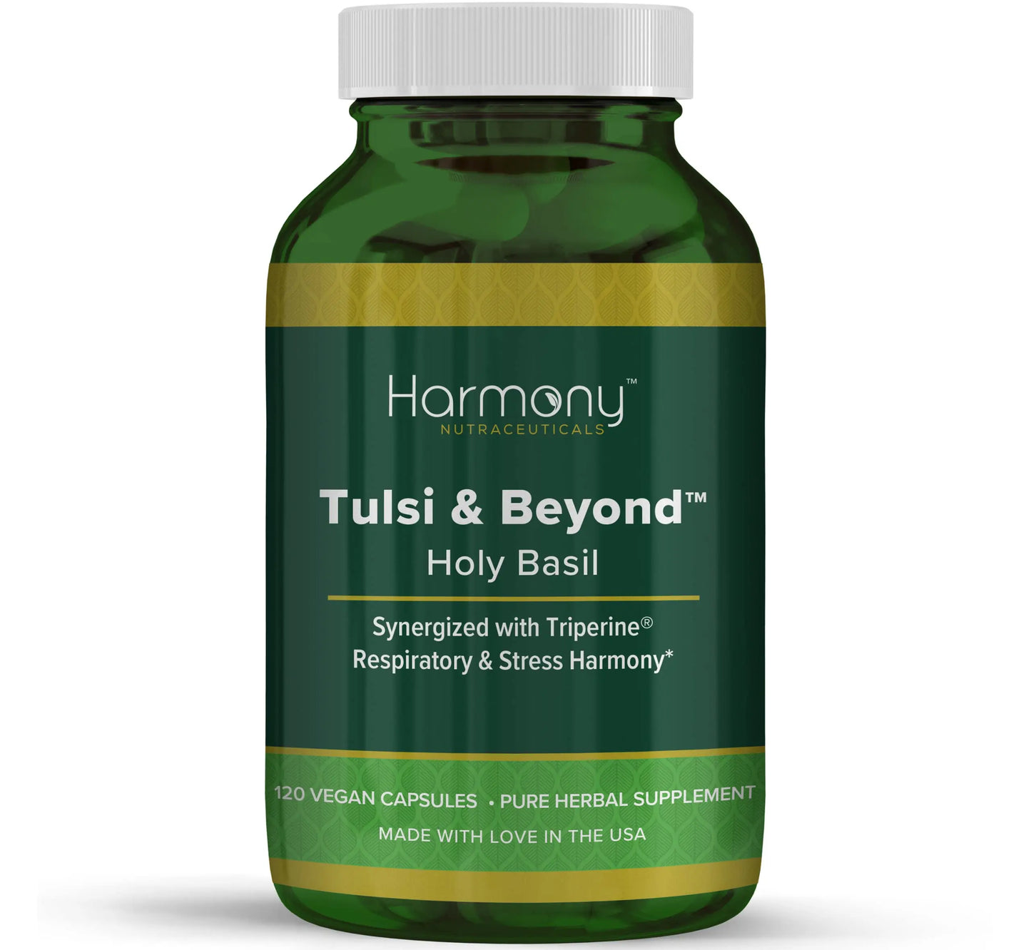 Green supplement bottle labeled 'Harmony Tulsi & Beyond' on a white background