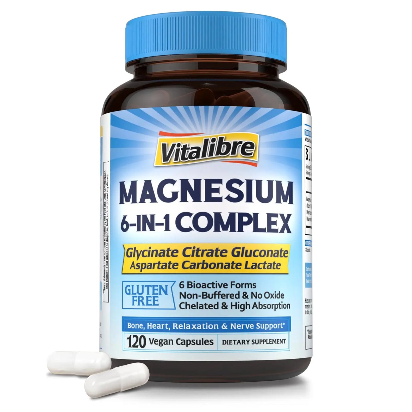 Vitalibre Magnesium 6-in-1 Complex supplement bottle with blue cap and white label on a white background