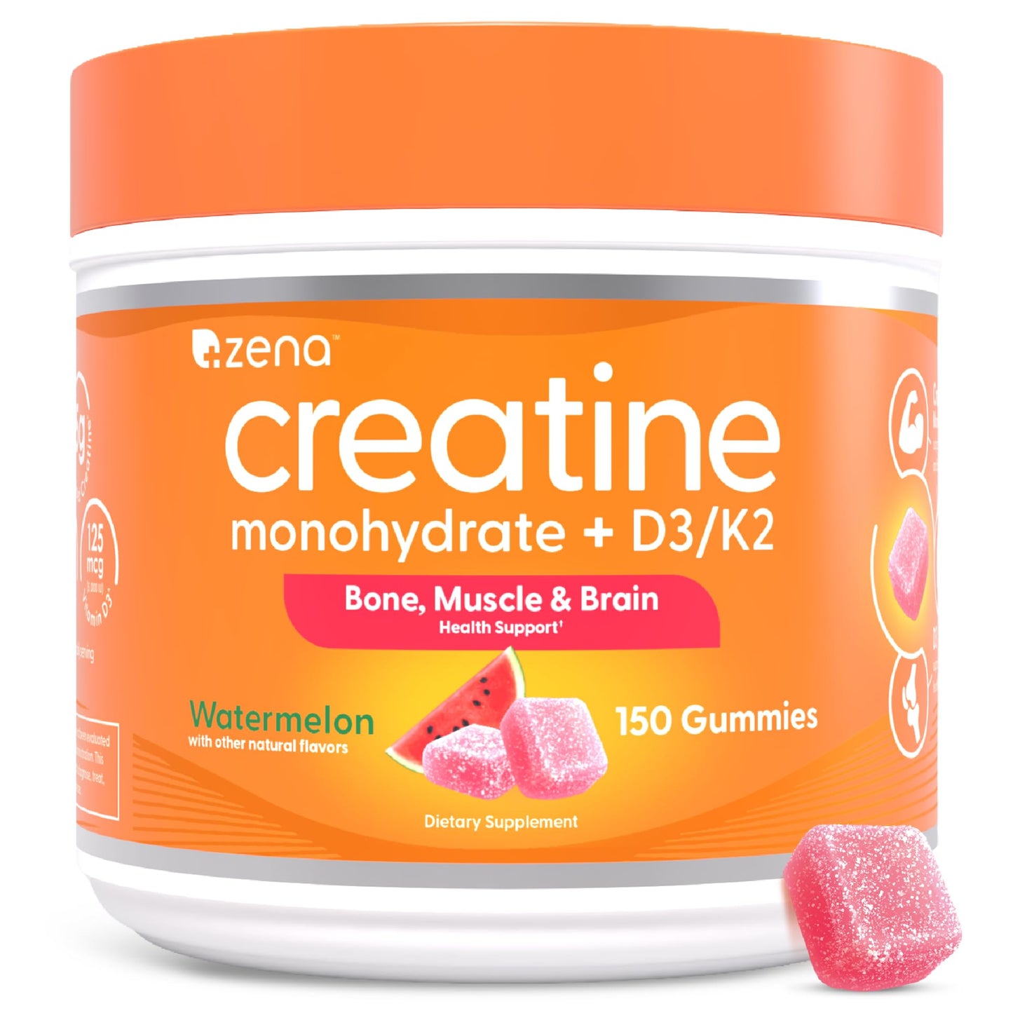 Zena Nutrition Creatine Gummies with D3 & K2, Creatine Monohydrate for Men and Women, Supports Bone, Muscle, & Cognitive Health, Gummy Workout Supplement, Watermelon Flavor, 150ct, 30 Daily Servings Zena NutritionBuy Supplements Australia
