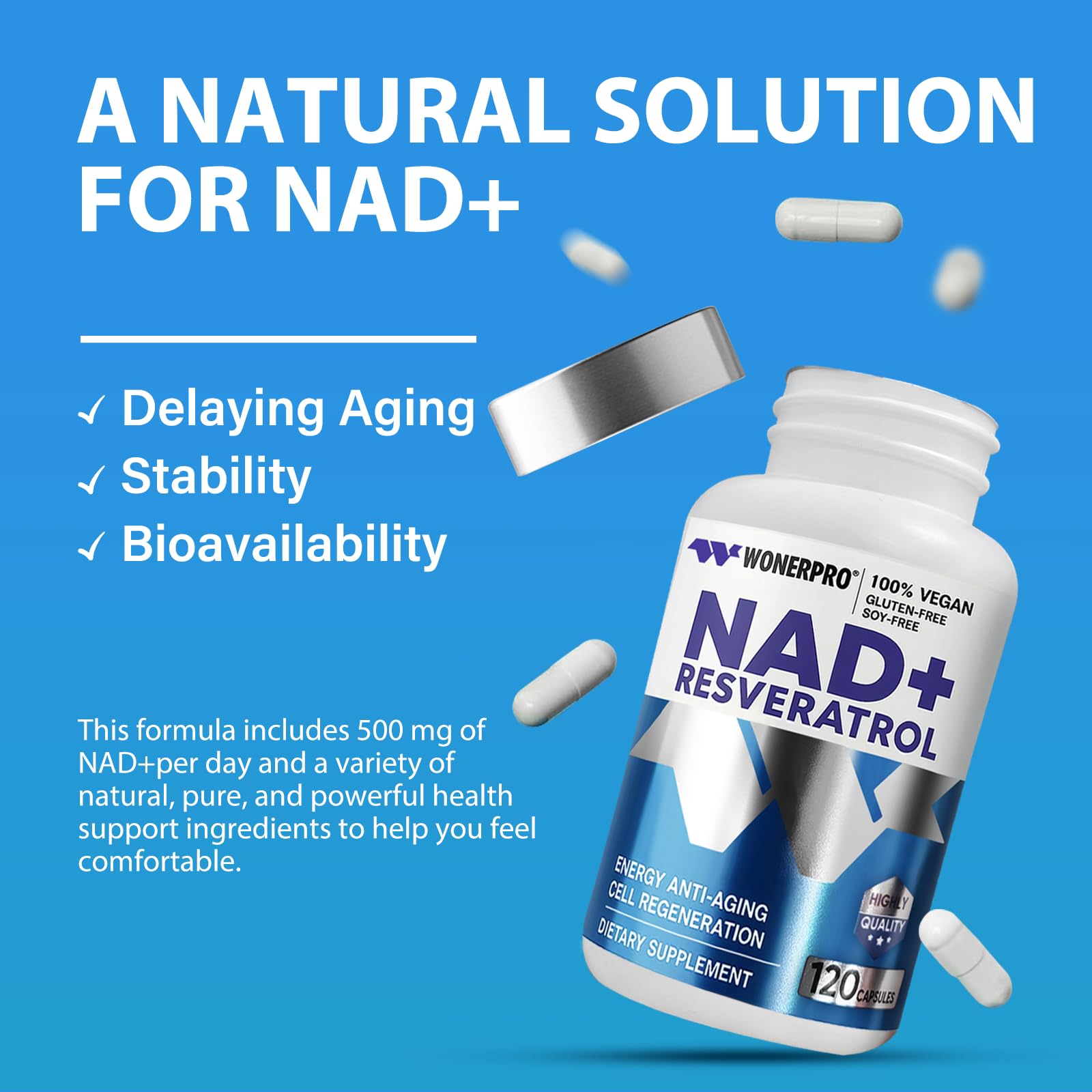 NAD+ Supplement 1500mg Pure Organic, NAD+ Resveratrol & Vitamin B3 for Women & Men, Energy Boost & Anti-Aging Support, 120 Vegan Capsules (Gluten-Free, Soy-Free)-11.4 WONERPROBuy Supplements Australia