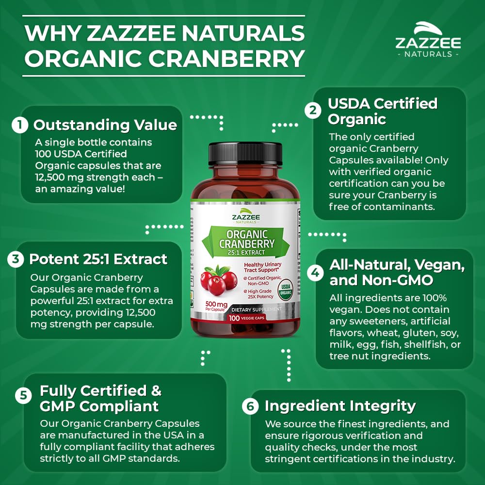 Zazzee USDA Organic Cranberry 25:1 Extract, 12,500 mg Strength, 100 Vegan Capsules Zazzee