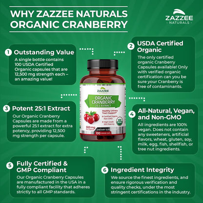Zazzee USDA Organic Cranberry 25:1 Extract, 12,500 mg Strength, 100 Vegan Capsules Zazzee