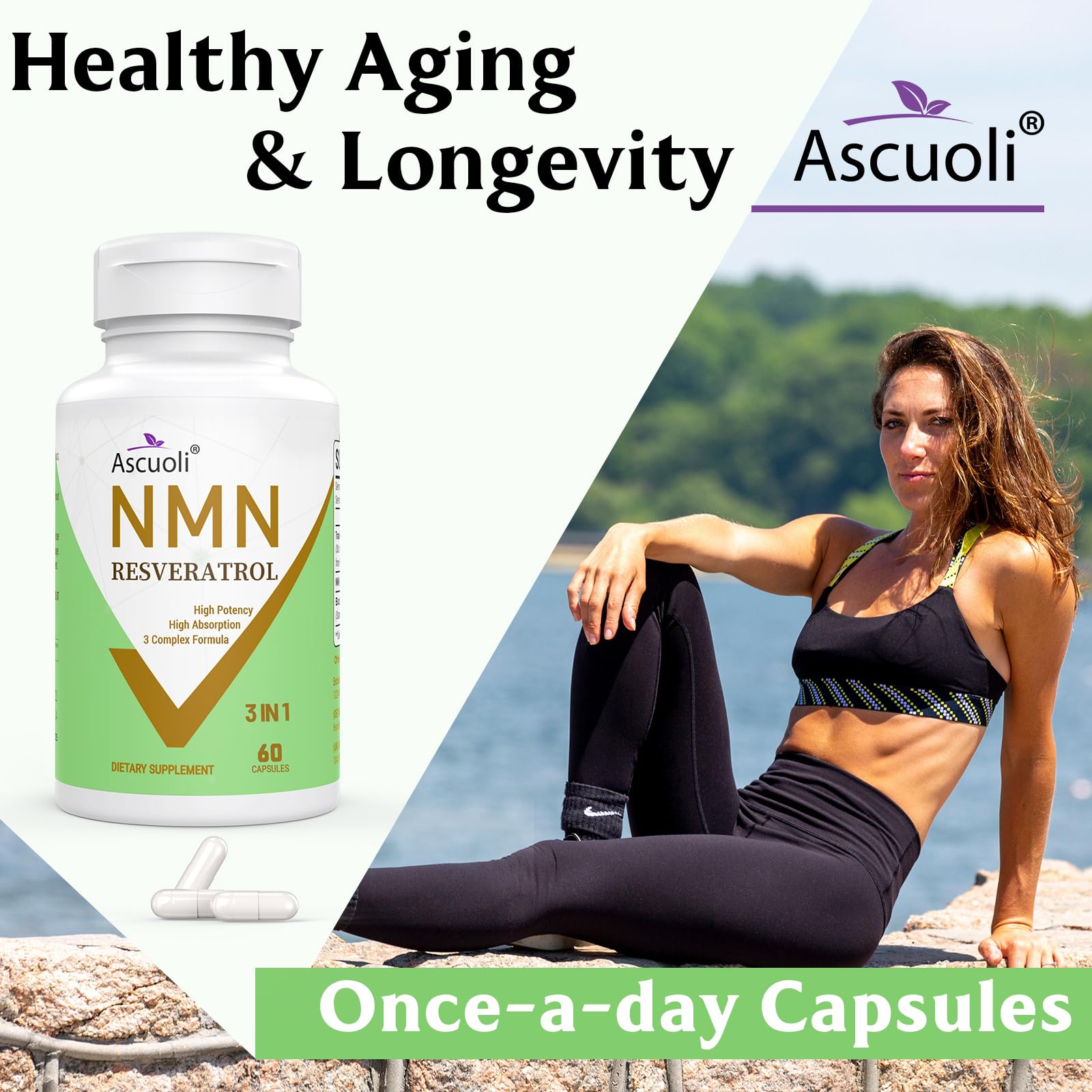 99% Ultra Purity NMN 500mg + Trans-Resveratrol 600mg, 1150mg NMN Resveratrol Supplement, 3-in-1 Advanced Formula for Boost* NAD, Cell, Immune, Energy & Muscle, Healthy Aging, Stabilized Form - 60 Caps AscuoliBuy Supplements Australia