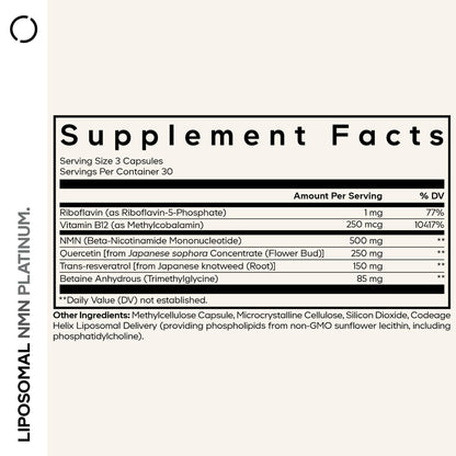 Codeage Liposomal NMN Platinum - 500 mg NMN Supplement, Nicotinamide Mononucleotide, NAD Precursor - Quercetin, Resveratrol, Betaine TMG, Vitamin B2 Riboflavin & Vitamin B12 - Non-GMO - 90 Capsules CodeageBuy Supplements Australia