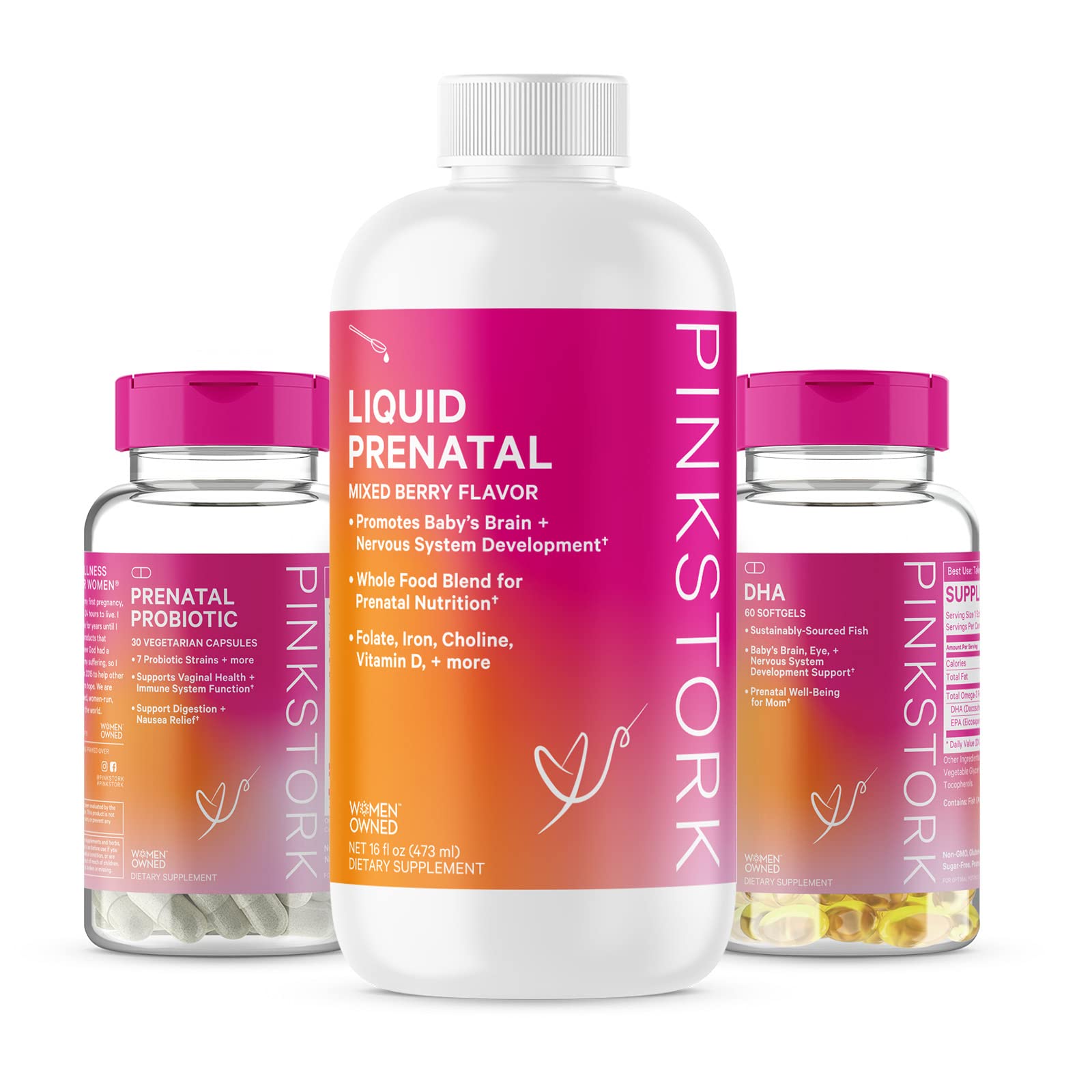 Pink Stork Liquid Prenatal Vitamin Bundle: Liquid Prenatal Vitamin with DHA and Folic Acid + Pro + DHA Pink Stork