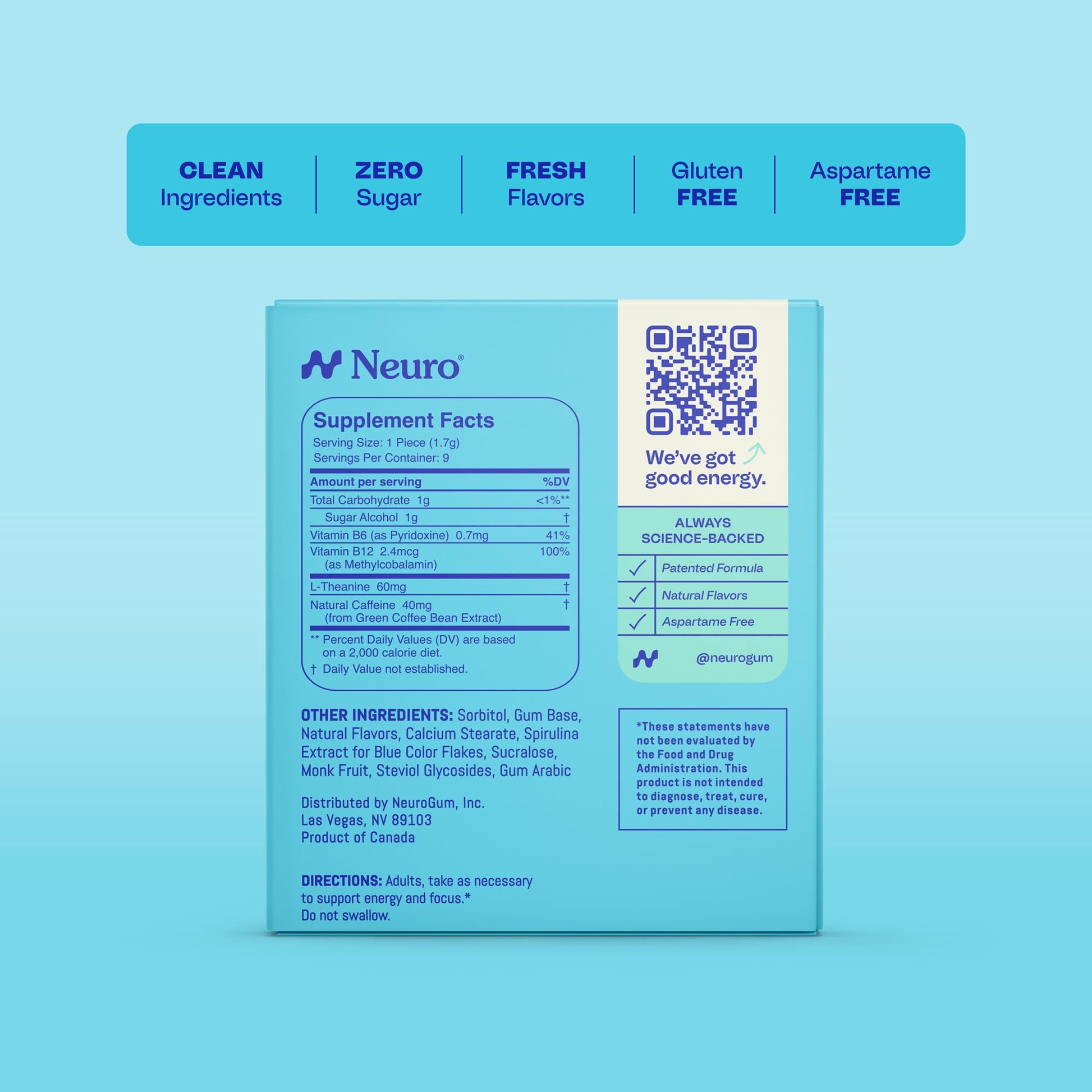 Neuro Energy & Focus Gum - 40mg Natural Caffeine Gum & Nootropic Energy Supplement with L-Theanine & B Vitamins - Sugar Free, Vegan - Peppermint, 54ct NeuroBuy Supplements Australia