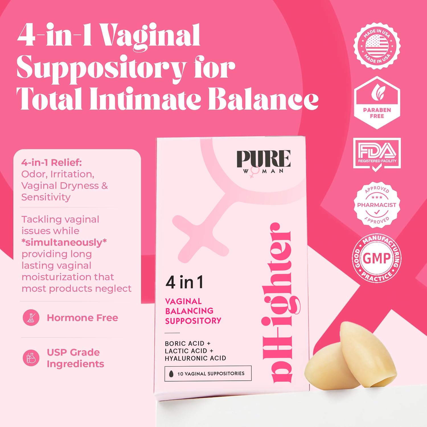PURE WOMAN - pH-ighter Vaginal Boric Acid Suppositories for Women - Hyaluronic Acid - 4 in 1 Vaginal Suppositories for Discomfort, Dryness, Odor & pH Balance- Full Vaginal Health Care - 5pk PURE WOMANBuy Supplements Australia
