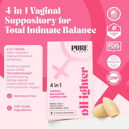 PURE WOMAN - pH-ighter Vaginal Boric Acid Suppositories for Women - Hyaluronic Acid - 4 in 1 Vaginal Suppositories for Discomfort, Dryness, Odor & pH Balance- Full Vaginal Health Care - 5pk PURE WOMANBuy Supplements Australia
