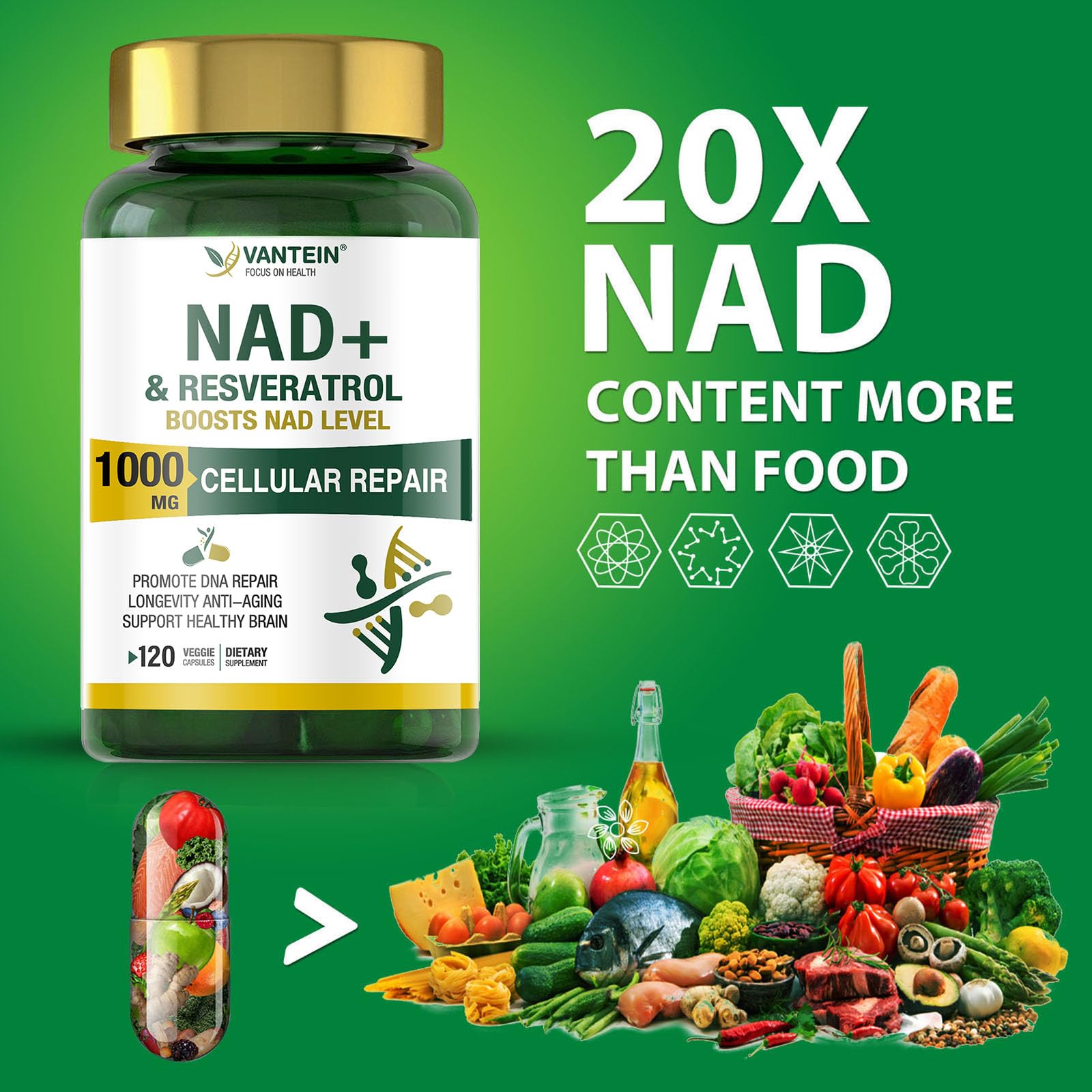 TEATTY NAD+ & Resveratrol Supplement - NMN Alternative with 120 Capsules, Anti-Aging Cellular Support, Energy & Longevity Booster, DNA Repair Formula TEATTYBuy Supplements Australia