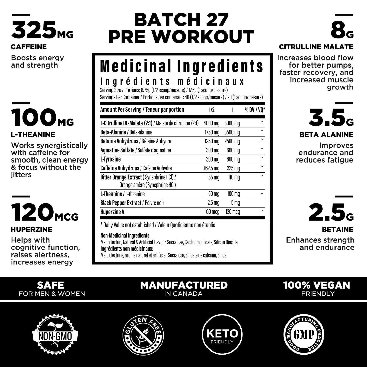 Batch 27 Pre Workout Powder - 8g Citrulline, 3.5g Beta Alanine, 2.5g Betaine, 325mg Caffeine TC Nutrition