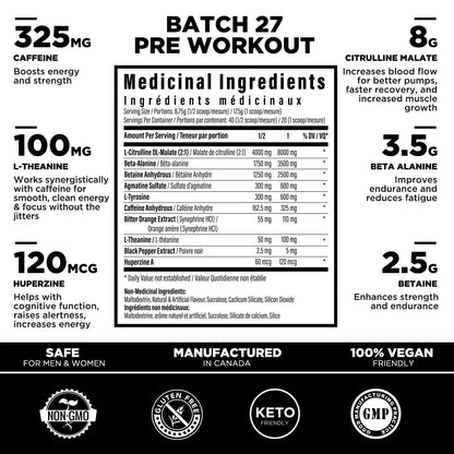 Batch 27 Pre Workout Powder - 8g Citrulline, 3.5g Beta Alanine, 2.5g Betaine, 325mg Caffeine TC Nutrition