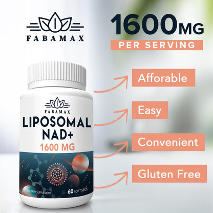 Fabamax 1600 mg Liposomal NAD Supplement, 98% Pure NAD+ Supplement, Superior Absorption, Alternative to Nicotinamide Riboside or NADH to Boost NAD+ for Aging Defense, Energy, Longevity,60 Softgels FabamaxBuy Supplements Australia