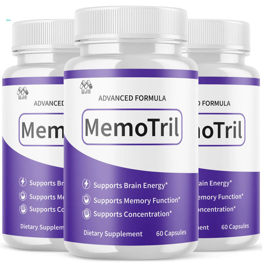 Three bottles of MemoTril dietary supplements with purple and white labels.