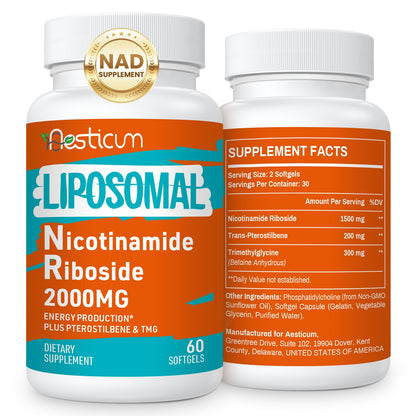 Aesticum 2000 MG Nicotinamide Riboside, NMNH Supplement Alternative, Liposomal Nicotinamide Riboside Supplement with TMG & Pterostilbene - NAD*, Energy, Focus, Immunity, Age Resist - 120 Softgels AesticumBuy Supplements Australia