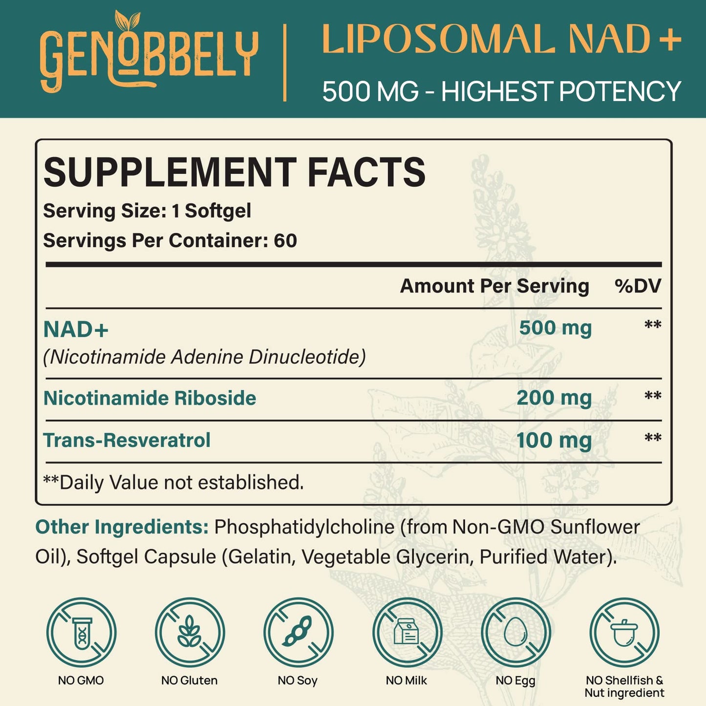 GENOBBELY 800 mg Liposomal NAD+ Supplement with Nicotinamide Riboside 200 mg, Trans-Resveratrol 100 mg - True NAD Supplement for DNA Repair, Healthy Aging, Brain Function - 60-Day Supply GENOBBELYBuy Supplements Australia