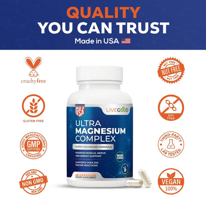 LiveGood™ Ultra Magnesium Complex, Organic Magnesium Glycinate and Gluconate for Muscle Recovery, Nerve Support & Relief – High Absorption Supplement, Vegan, Non-GMO, Made in USA, 60 Capsules LIVEGOOD buy supplements Au