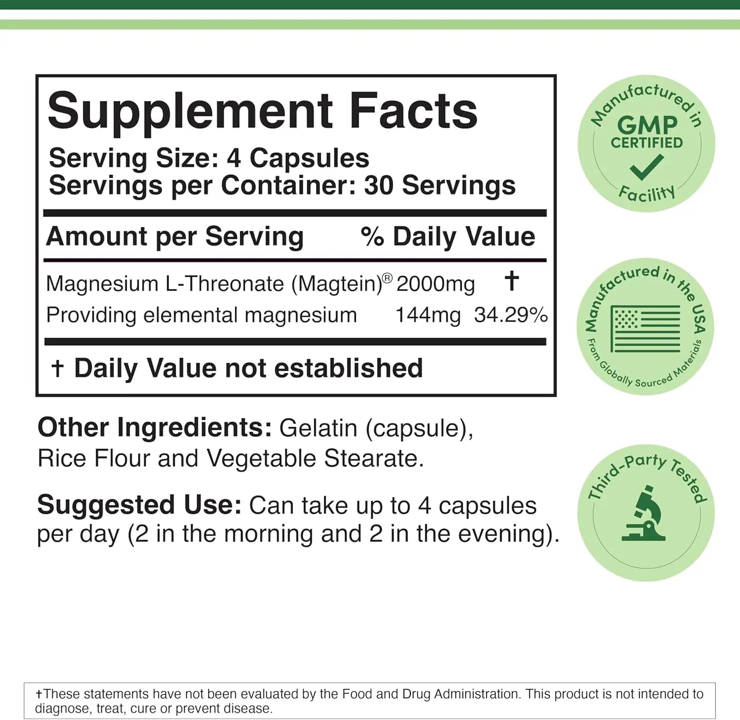 Magnesium L Threonate, Magtein - NSF Certified - Sleep and Cognitive Support – High Absorption Double Wood Supplements