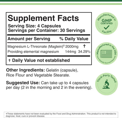 Magnesium L Threonate, Magtein - NSF Certified - Sleep and Cognitive Support – High Absorption Double Wood Supplements