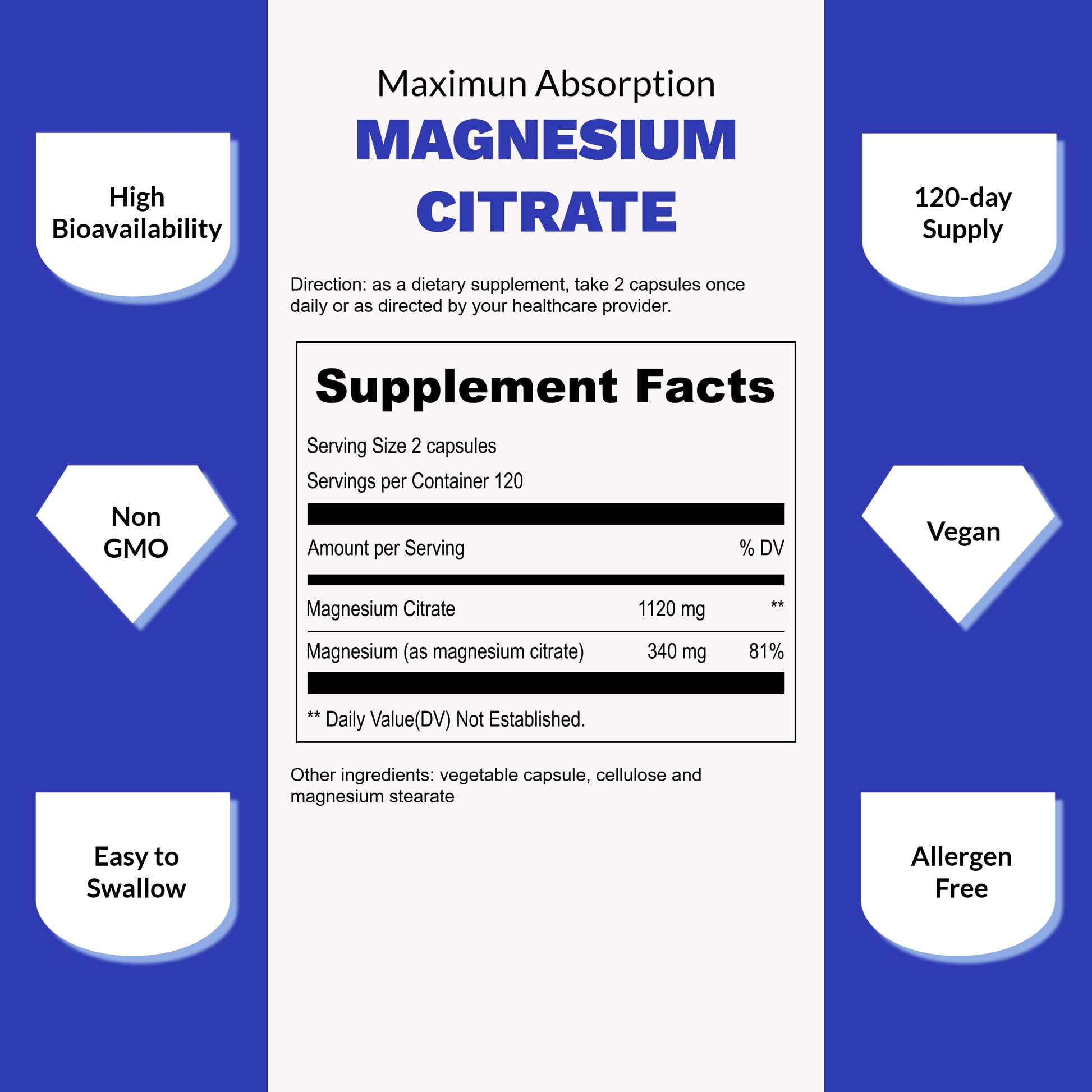 UpNourish Pure Magnesium Citrate (Citrato de Magnesio) 1120mg, 240 Capsules - High Absorption Magnesium Supplement for Women & Men - Natural Calm Magnesium for Constipation, Relax, Cramp Defense UpNourishBuy Supplements Australia