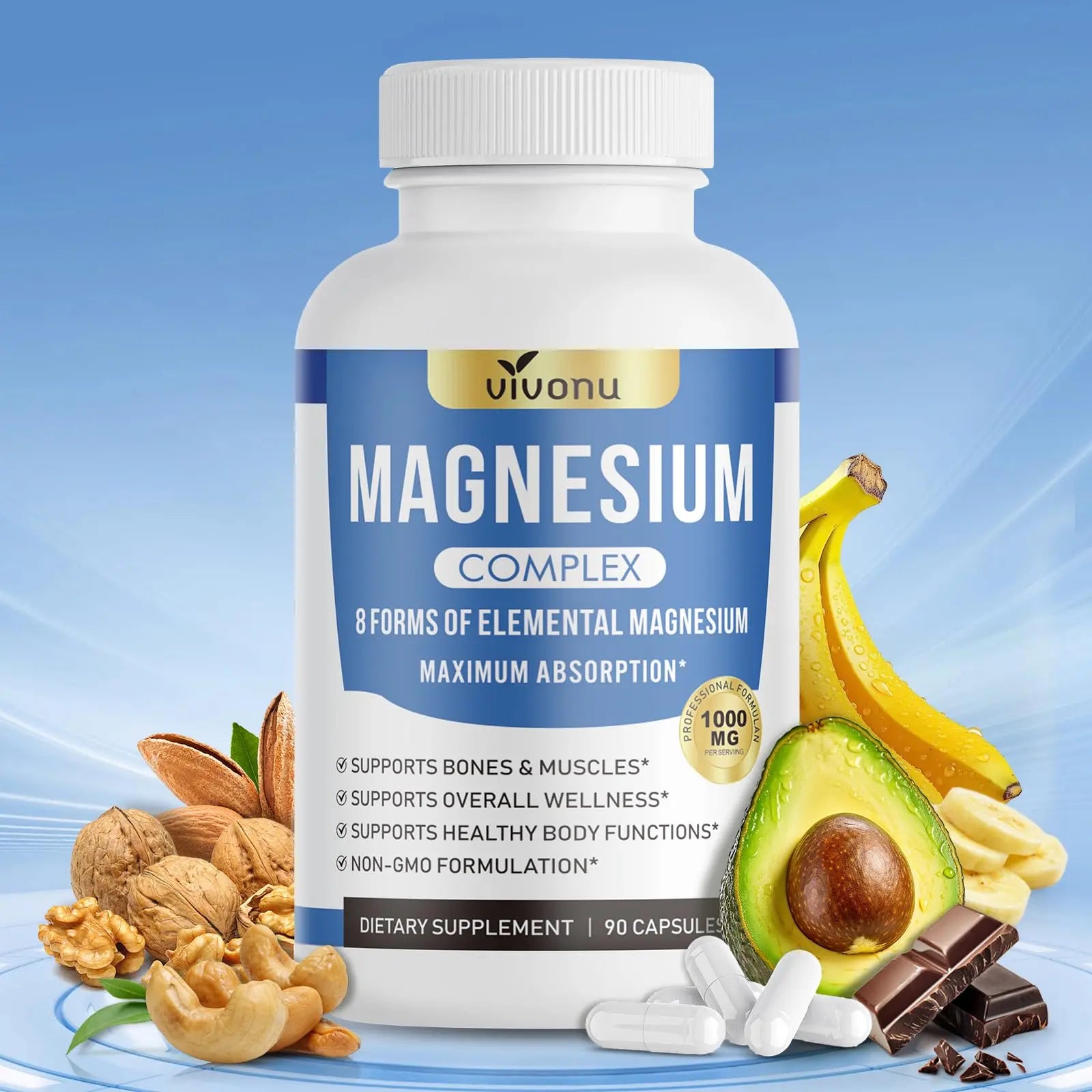 1000mg Magnesium Complex for Women & Men*, 8 Elemental with Magnesium Glycinate, Citrate, Malate, Taurate, Oxide, Carbonate, Aspartate, Orotate for Bones, Muscle VivoNu