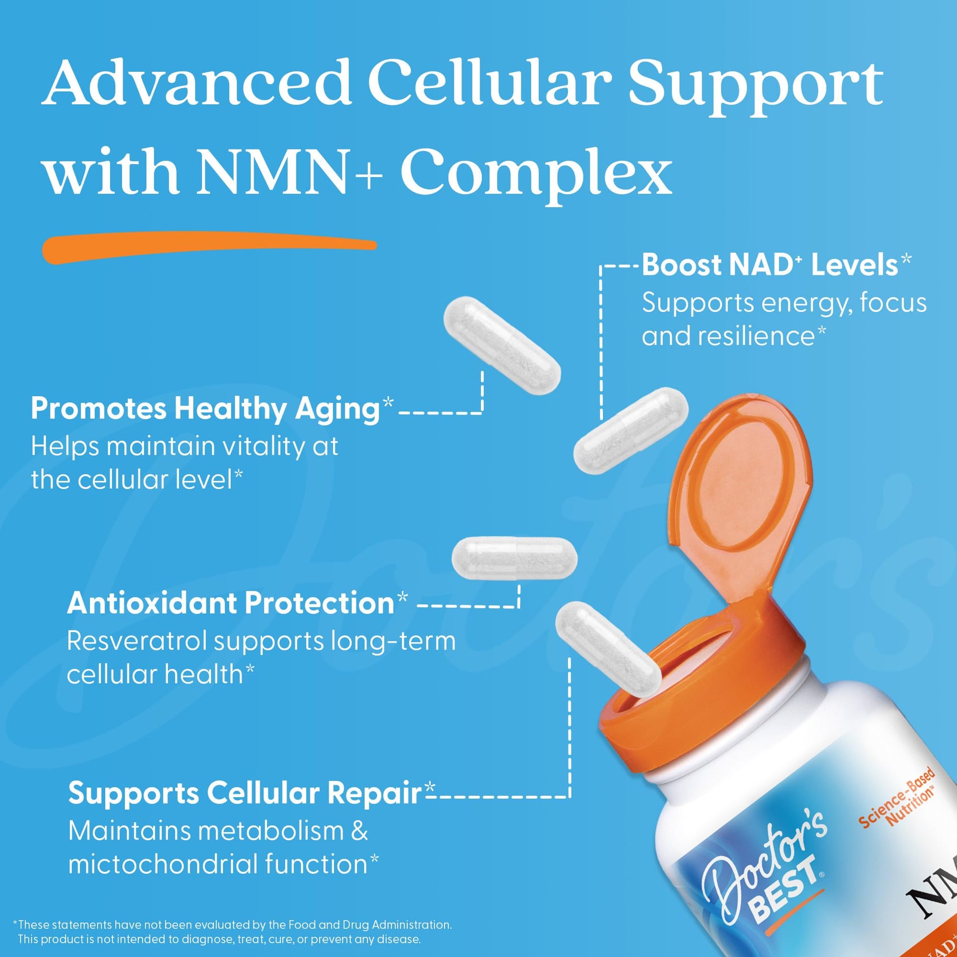Doctor's Best NMN+ Complex Supplement Capsules for Women & Men - Supports NAD+ Production, Resveratrol 100mg & Beta Nicotinamide Mononucleotide 200mg per Capsule, Cellular Energy Support - 60 Veg Caps Doctor's BESTBuy Supplements Australia