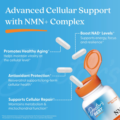 Doctor's Best NMN+ Complex Supplement Capsules for Women & Men - Supports NAD+ Production, Resveratrol 100mg & Beta Nicotinamide Mononucleotide 200mg per Capsule, Cellular Energy Support - 60 Veg Caps Doctor's BESTBuy Supplements Australia
