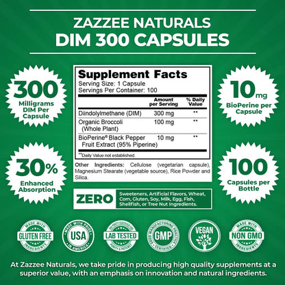 Zazzee Extra Strength DIM 300, 10 mg BioPerine and 300 mg DIM per Capsule, 100 Vegan Zazzee