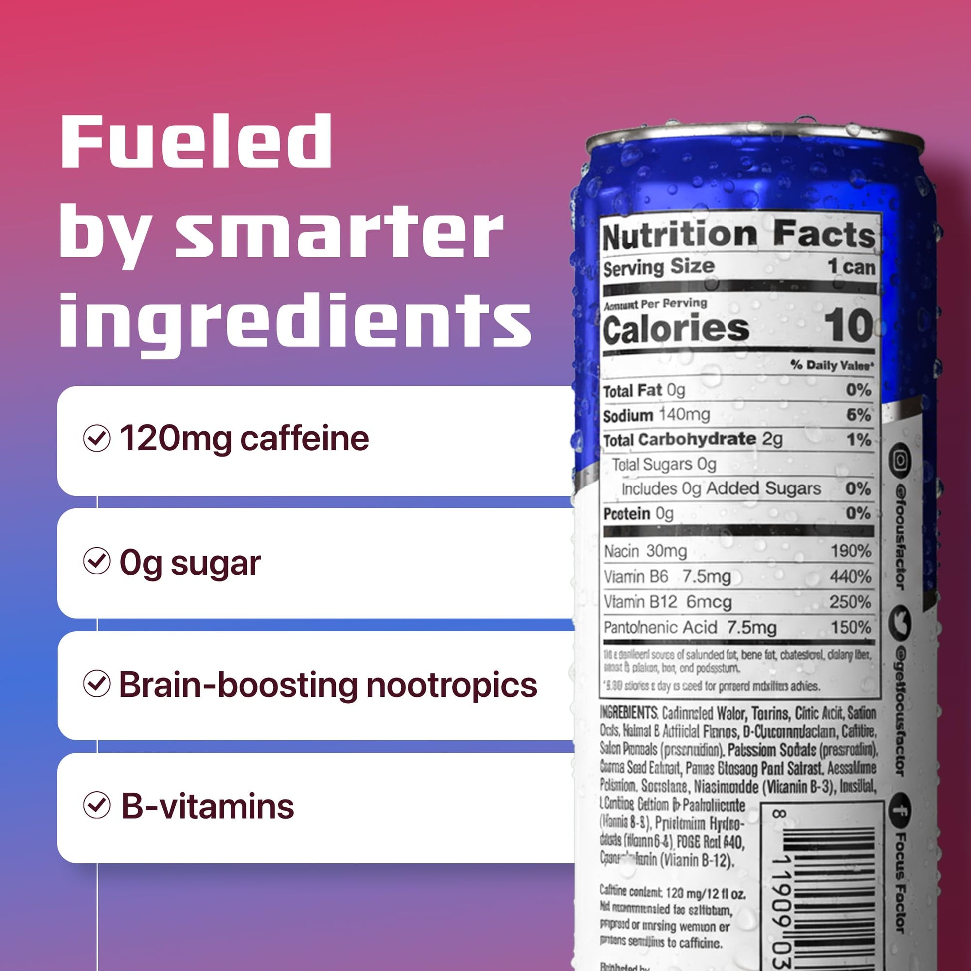 Focus Factor Energy Drink - 12 x 355ml Cans (Berry Flavour) - with Focus + Energy - Lightly Carbonated, Sugar Free, Low Calorie with Vitamin B6 & Vitamin B12 Focus FactorBuy Supplements Australia
