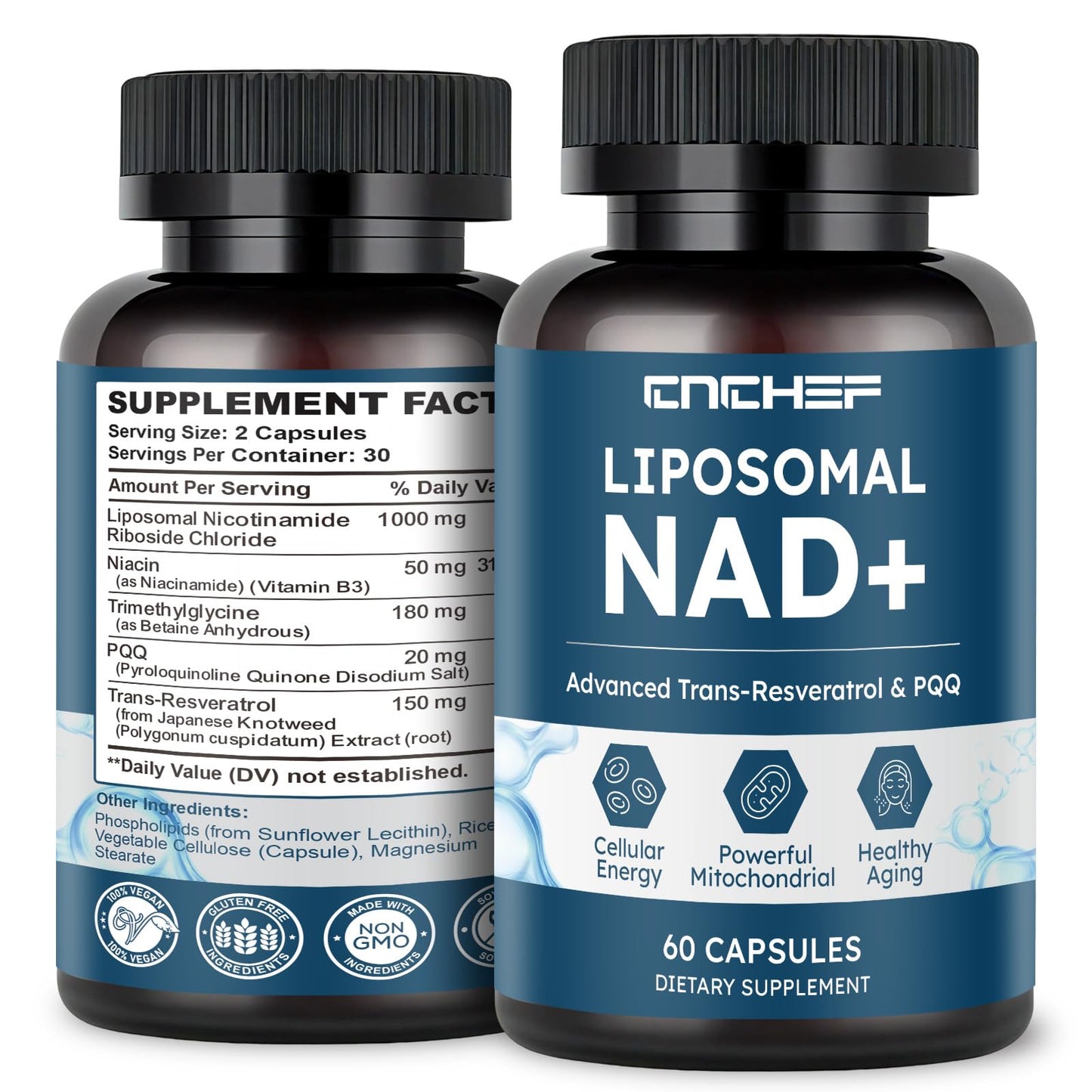 CNCHEF Liposomal NAD Supplement -1000mg, NAD Resveratrol Supplement for Women & Men with Nicotinamide Riboside, Resveratrol, PQQ & TMG, NAD Plus Boosts NAD+ Levels, Anti-Aging & Brain, 60 Capsules CNCHEFBuy Supplements Australia