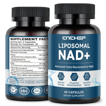 CNCHEF Liposomal NAD Supplement -1000mg, NAD Resveratrol Supplement for Women & Men with Nicotinamide Riboside, Resveratrol, PQQ & TMG, NAD Plus Boosts NAD+ Levels, Anti-Aging & Brain, 60 Capsules CNCHEFBuy Supplements Australia